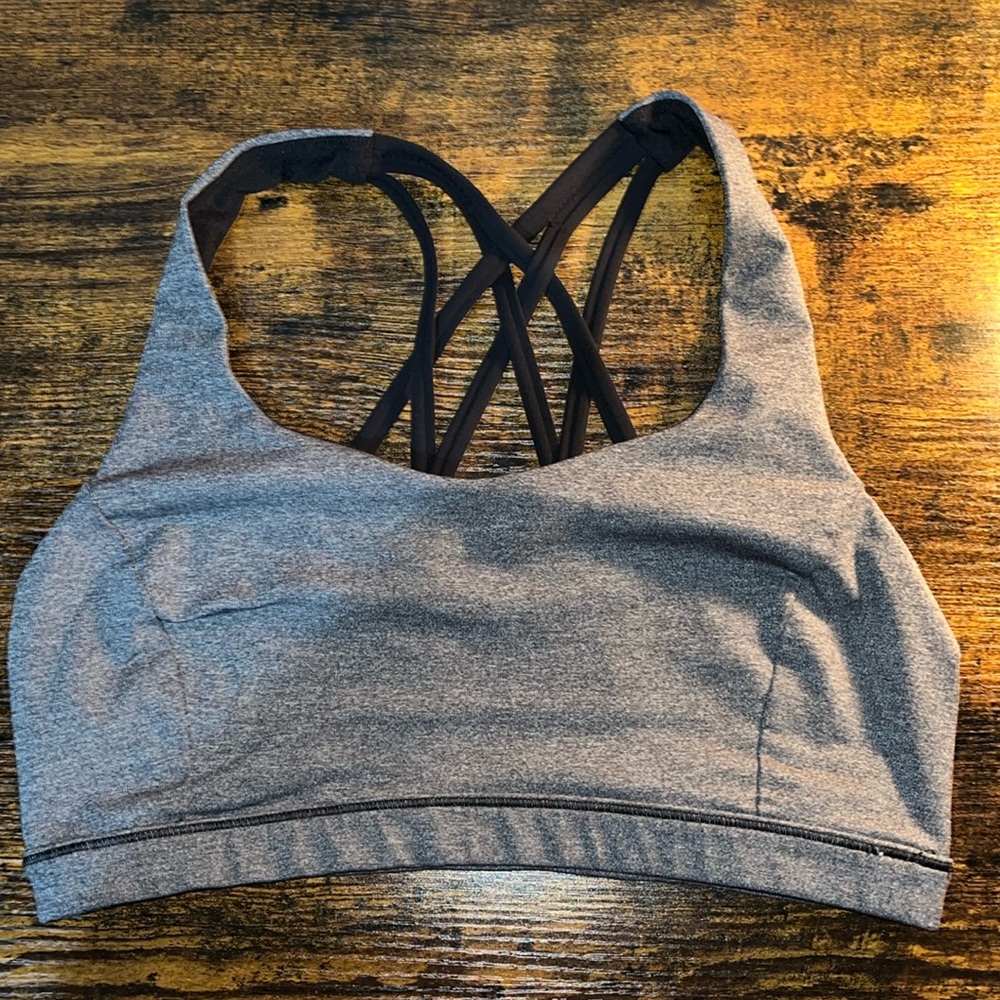 LULULEMON FREE TO BE- WILD SPORTS BRA. BLACK AND GRAY